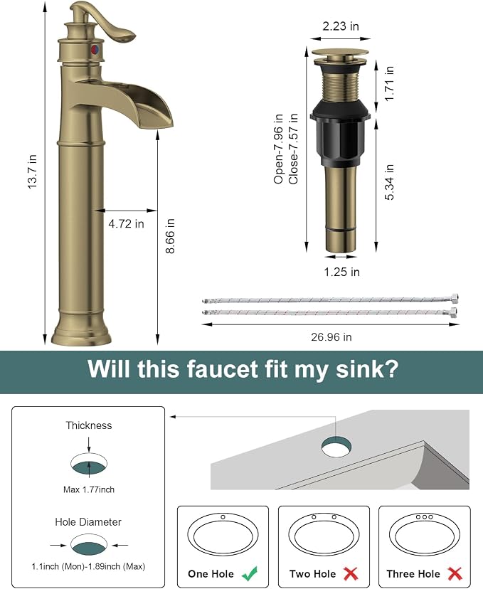 BWE Vessel Sink Faucet Brushed Gold Waterfall Bathroom Sink Faucet Single - Image 5