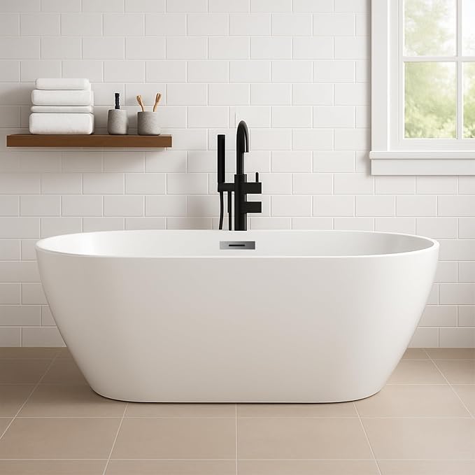 59 in Acrylic Freestanding Bathtub, Contemporary Stand Alone Tub, Glossy White by GarveeTech