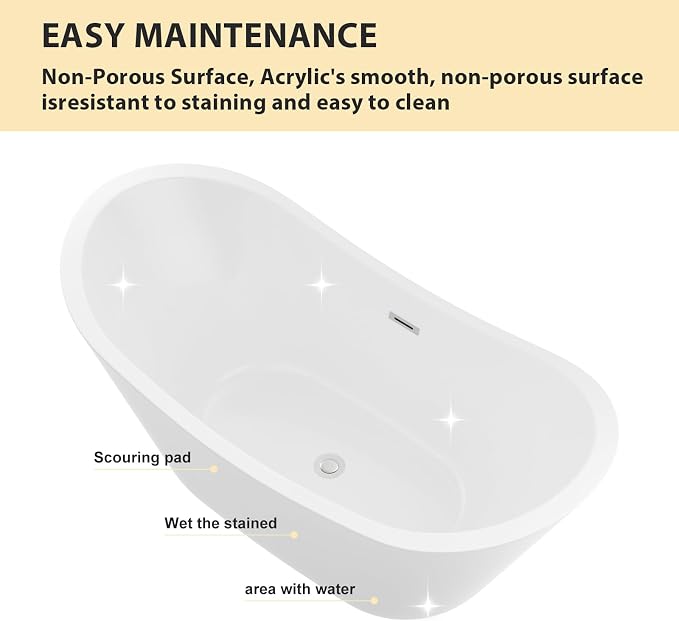 Logmey 59 Inch Freestanding Bathtub White Acrylic Oval Shape Soaking Tub - Image 7