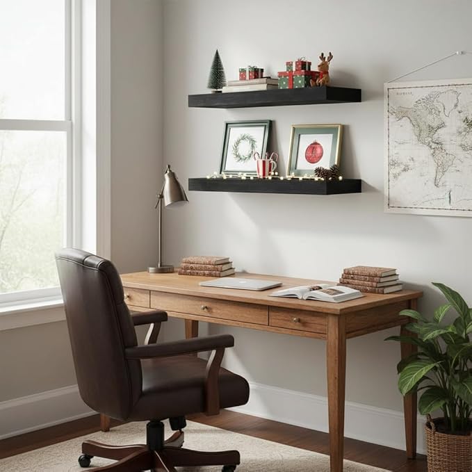 Black Floating Shelves for Wall 24 Inches Long, Heavy Duty Shelf for Bedroom - Image 2