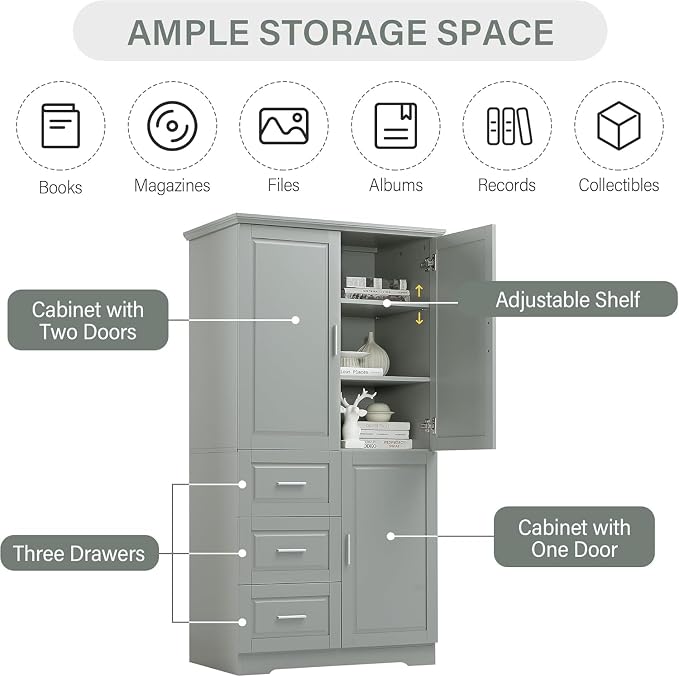 Tall Wide Storage Cabinet with 3 Doors, 3 Drawers, and Adjustable Shelves - Image 5