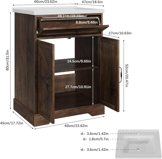 23.62" Bathroom Vanity with Ceramic Sink, Farmhouse Bathroom Vanity Cabinet - Image 2