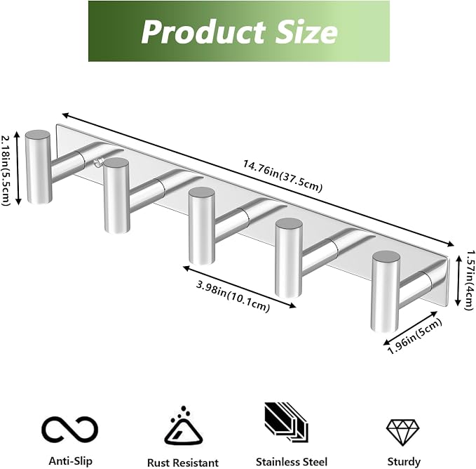 Wall Mounted Coat Rack-5 Hooks, Heavy Duty Stainless Steel Wall Hooks - Image 5