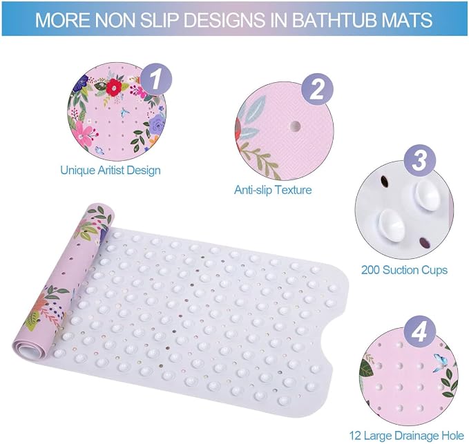 Pink Floral Bathtub Mat Non Slip - Image 4