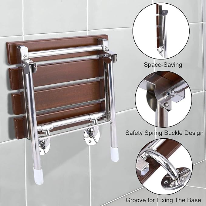 Folding Shower Seat Wall Mounted Bathroom Bathtub Safety Stool Chair, Solid Wood - Image 5