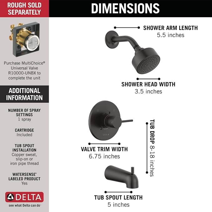 Delta Faucet Modern 14 Series Matte Black Shower Faucet, Tub and Shower Trim Kit - Image 3