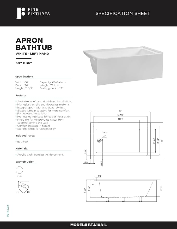 Fine Fixtures Acrylic, Fiberglass Alcove Soaking Bathtub - Image 9