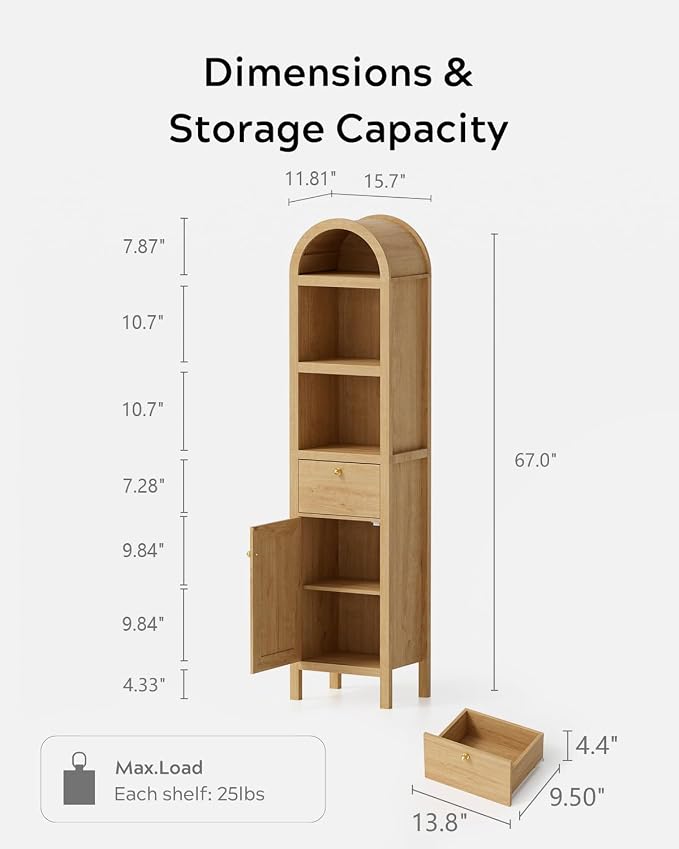 67" Tall Arched Bathroom Narrow Storage Cabinet - Image 2