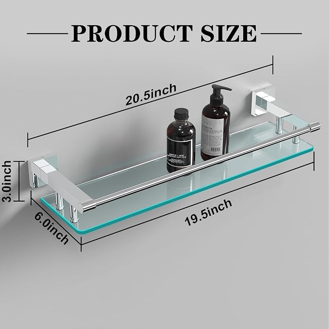 Glass Shelves for Bathroom, 20IN Rectangular Chrome Stainless Steel Tempered - Image 2