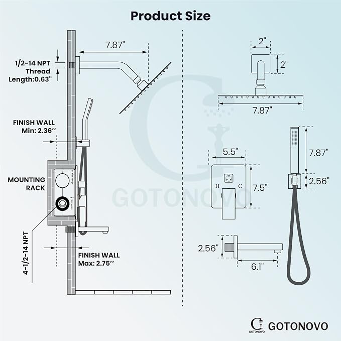 gotonovo Shower System with Tub Spout Wall Mounted Rain Shower Head and Handle - Image 4