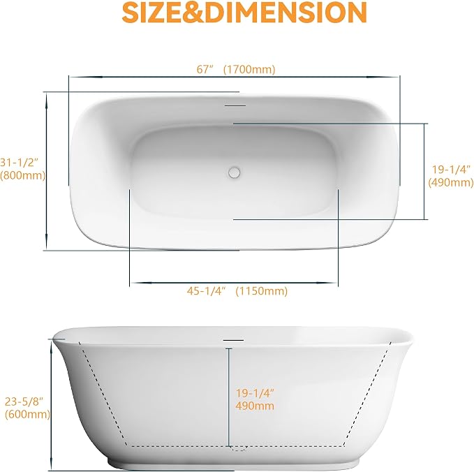 67" Acrylic Freestanding Bathtub, Soaking Tub - Image 8