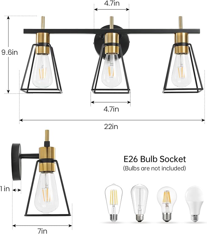 Industrial Bathroom Vanity Lights: 3-Light Black and Gold Vintage Metal Cage - Image 2