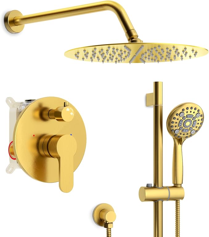 SR SUN RISE 12 Inch Brushed Gold Shower System, Wall-Mount Adjustable 16-Inch by SRSUNRISE