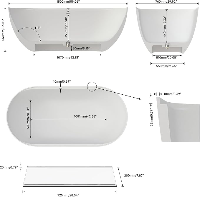 59" Premium Solid Surface Freestanding Bathtub - Image 4