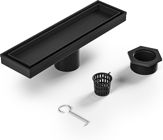 Linear Shower Drain 12", Matte Black Floor Drain by Bernkot