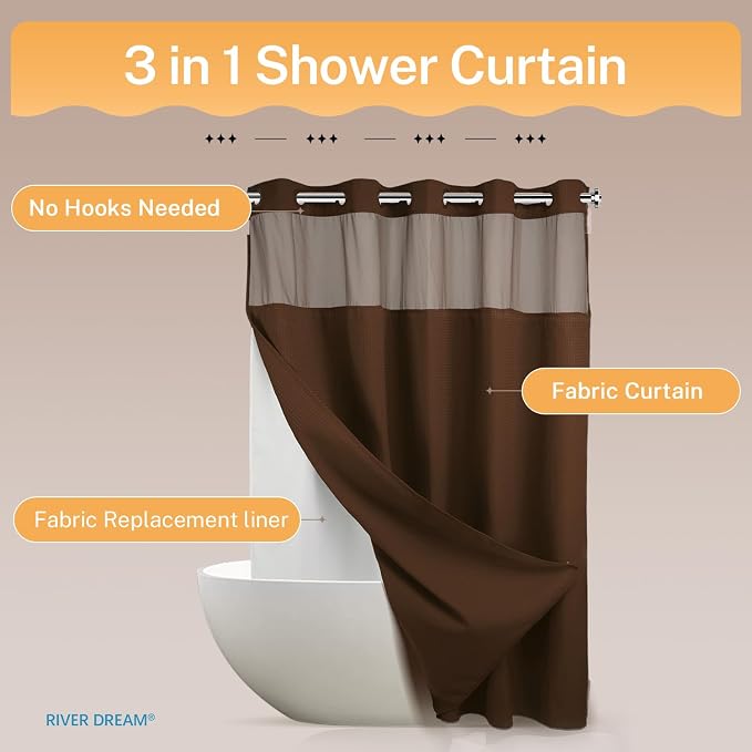 River Dream No Hooks Required Dotted Brown Shower Curtain - Image 4