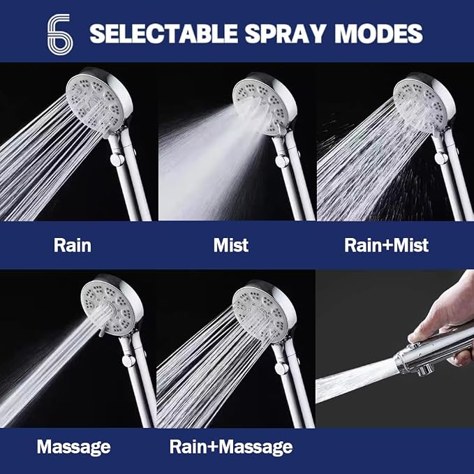 High Pressure Shower Head with ON/Off Pause Switch Button, 5 Mode Handheld - Image 2