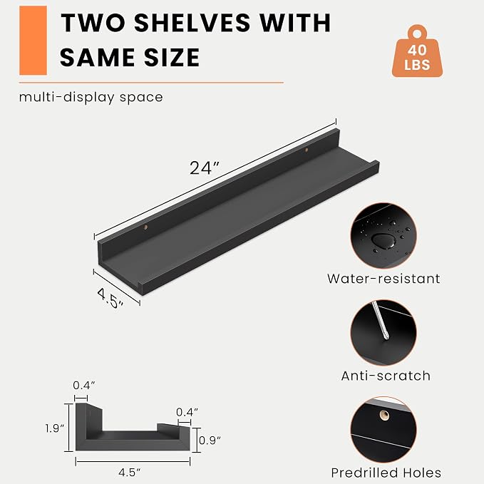 Heimlove Picture Ledge Shelf, Floating Shelves Set of 2, 24 Inches Picture Shelf - Image 3