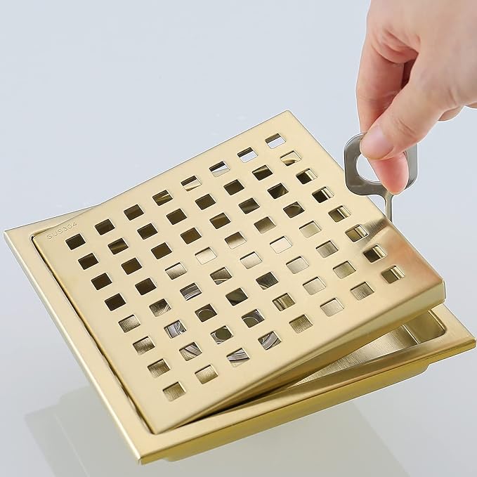 RANDOM Brushed Gold Shower Drain Square 6 Inch Shower Floor Drain - Image 7