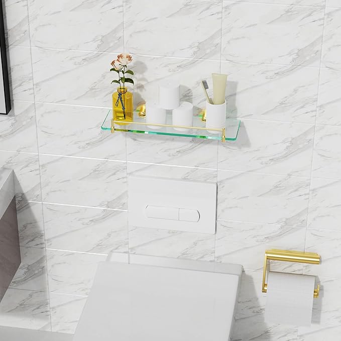 Glass Bathroom Shelves, Brushed Gold Floating Shelves - Image 2
