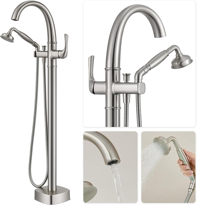 Free Standing Tub Faucet, Hanallx Luxury Brushed Nickel Freestanding Bathtub - Image 3