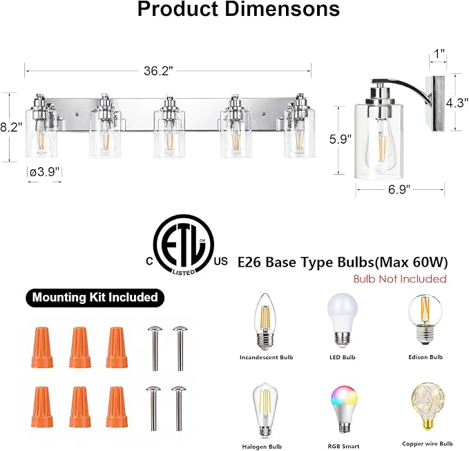 5-Light Bathroom Light Fixtures Modern Chrome Vanity Lights - Image 2