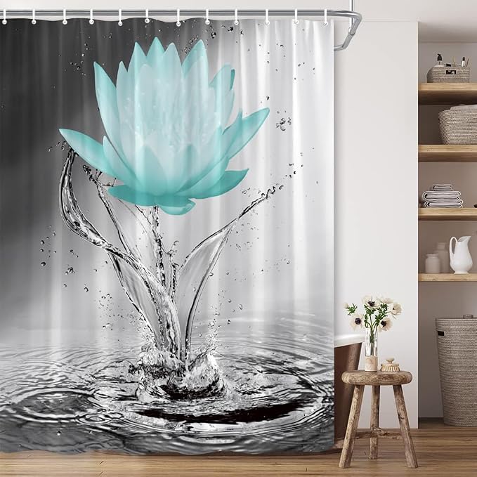 Lotus Shower Curtain Black White Grey Teal Flower Elegant Blooming Floral by showercurtain