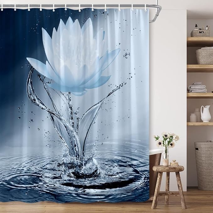Lotus Shower Curtain Blue Flower Elegant Blooming Floral - Image 4