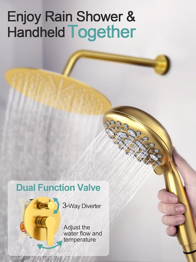 SR SUN RISE 12 Inch Brushed Gold Shower System, Wall-Mount Adjustable 16-Inch - Image 5