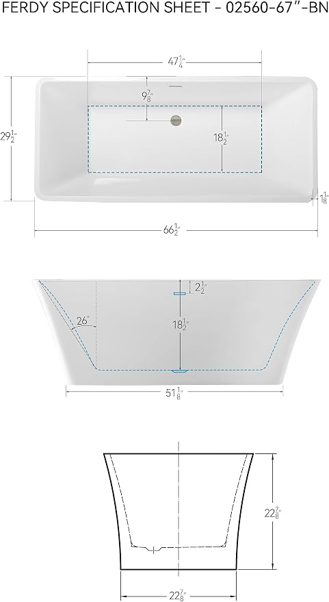FerdY Sentosa 67" Acrylic Freestanding Bathtub, Contemporary Design Soaking Tub - Image 4