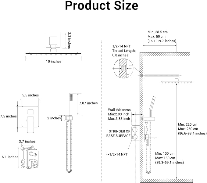 Shower Faucet set with Shower head, Wall Mount 10 Inch Square Rainfall Shower - Image 7