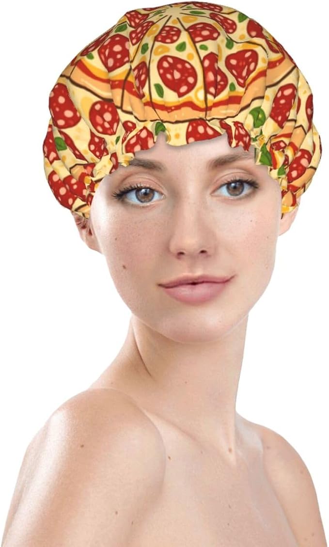 Double Layers Shower Caps for Women, Pepperoni Pizza Art Hair Bath Hat Reusable - Image 3