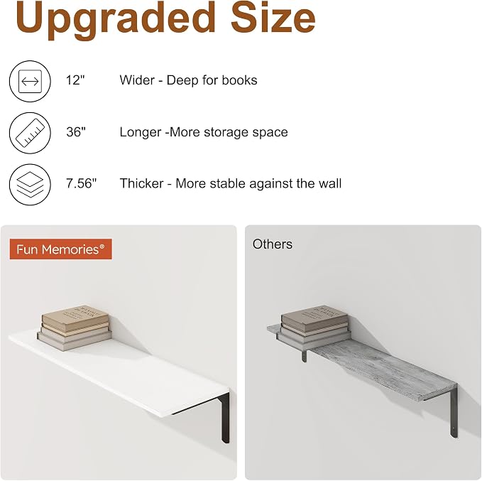 36 Inch White Floating Shelves Wall Mounted, 12 Inch Deep Wall Shelves - Image 5