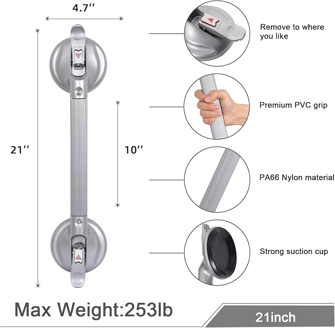 21inch Upgrade Suction Shower Grab Bar, Portable Shower Handle Bar Suction Grip - Image 2