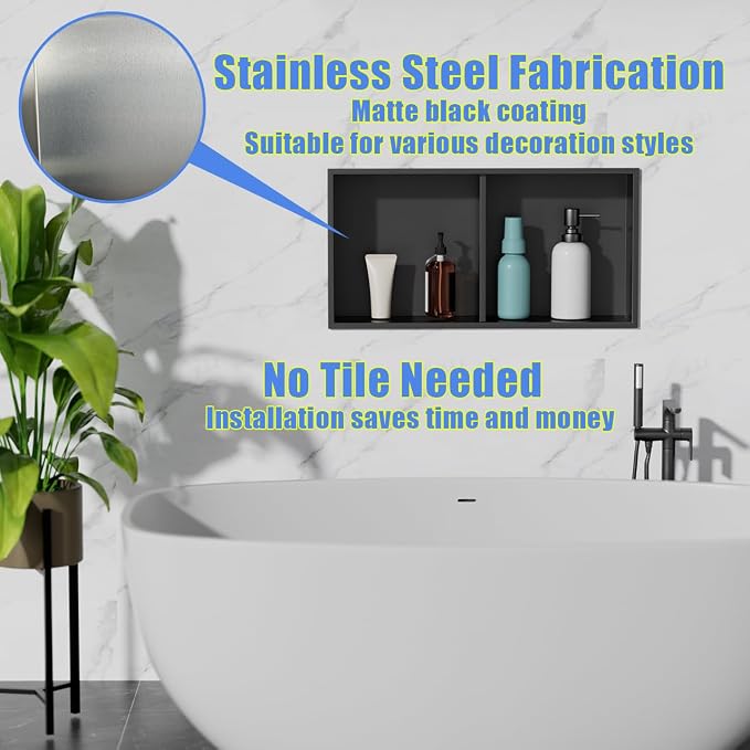 No Tile Needed Shower Niche for Bathroom Storage, Recessed Wall Niche, Double - Image 6