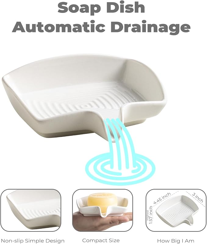 Soap Dish with Waterfall Design, Ceramic Soap Holder Self Draining Bar Soap - Image 2