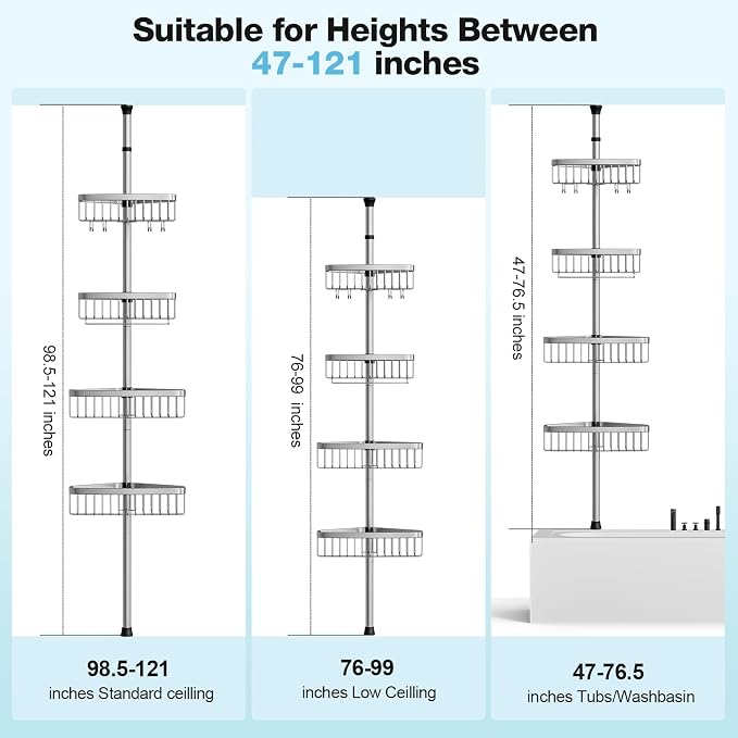 Corner Shower Caddy Tension Pole: Adjustable Rustproof 4-Tier Inside Bathroom - Image 2