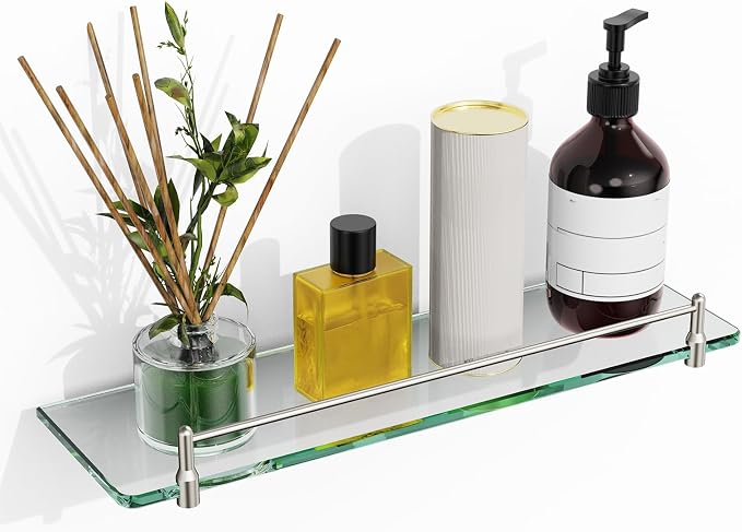 Glass Bathroom Shelves, Brushed Nickel Floating Shelves by HOMELIFE