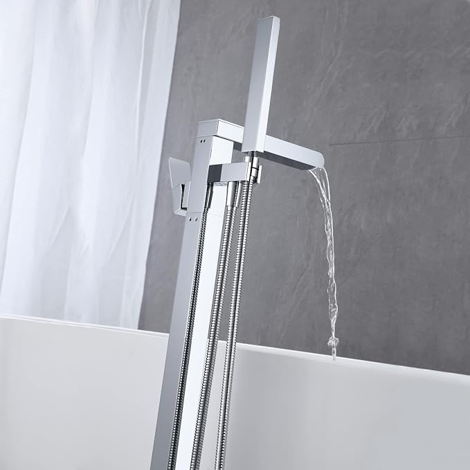 Freestanding Tub Filler Waterfall Bathtub Faucet Chrome Floor Mount Brass - Image 4