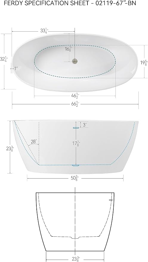 FerdY Tahiti 67" Freestanding Bathtub Elegant Oval Shape, Glossy White Double - Image 6
