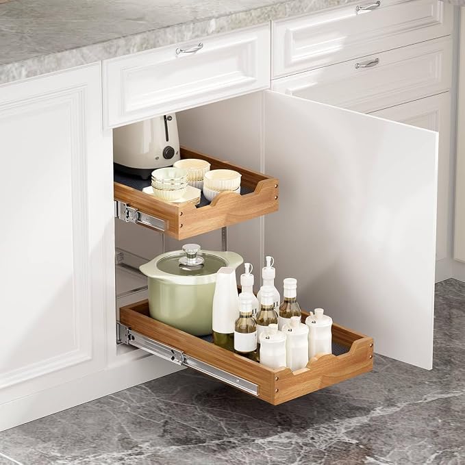 OCG 2 Tier Pull Out Drawers For Cabinets, Double Tier Slide out Wood Cabinet - Image 2