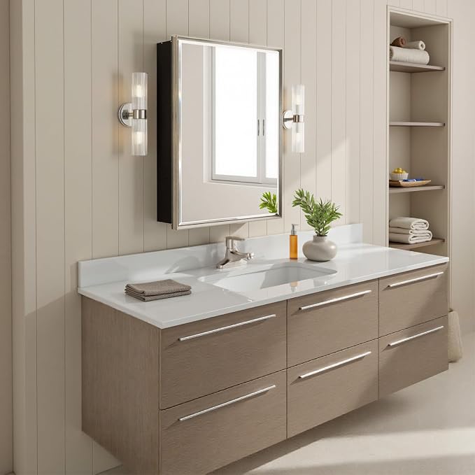 20''x 26'' Brushed Nickel Medicine Cabinet, Recessed or Surface Framed Medicine - Image 8
