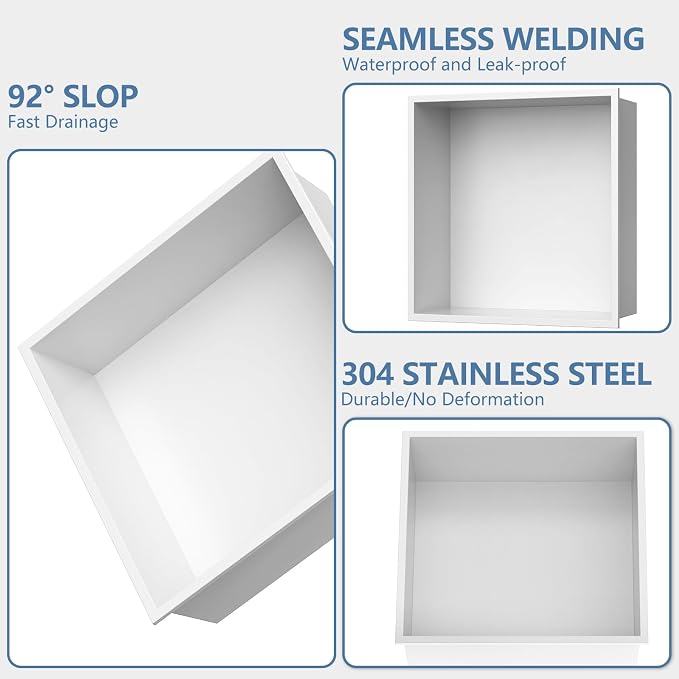 Homevacious 12“ x 12" x 4" Stainless Steel Shower Niche No Tile Needed White - Image 5