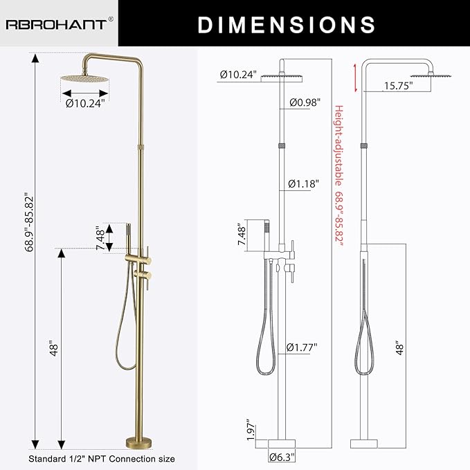 RBROHANT Freestanding Outdoor Shower Gold, Height Adjustable Stainless Steel - Image 6