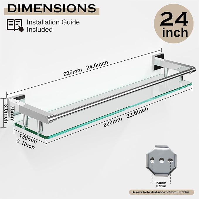 Glass Shelf for Bathroom Wall Sheves 24 inches Rectangular Stainless Steel - Image 3