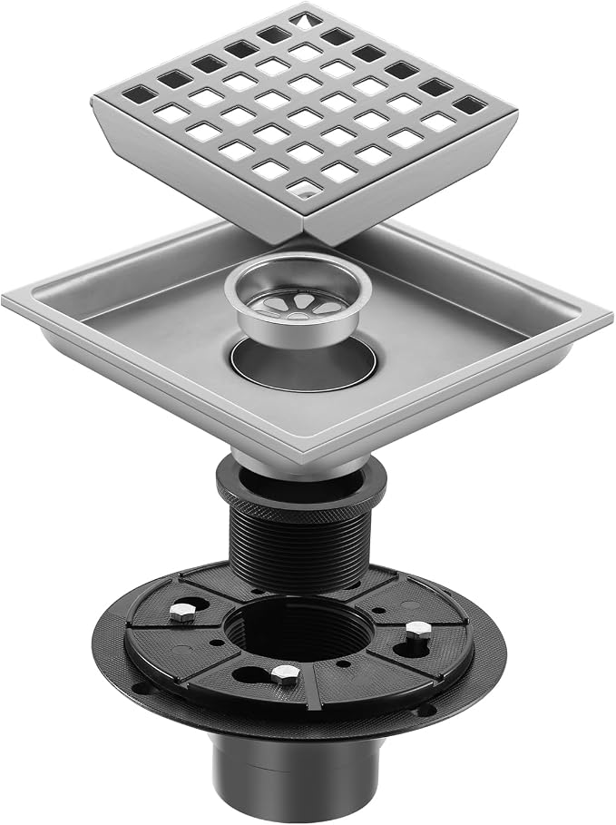 Shower Drain, Chrome 4 inch Square Shower Floor Drain - Image 3