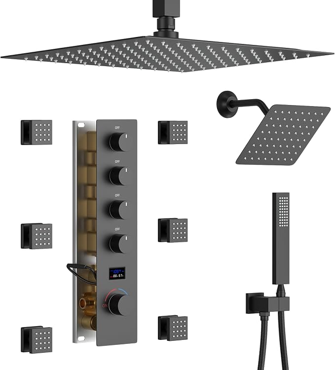 Matte Black Shower System Digital Tempreature Display Thermostatic Shower by KATAIS
