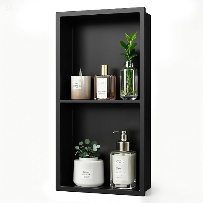 No Tile Needed Shower Niche, Recessed Black Stainless Steel Wall Cabinet Insert by ACEMIRO