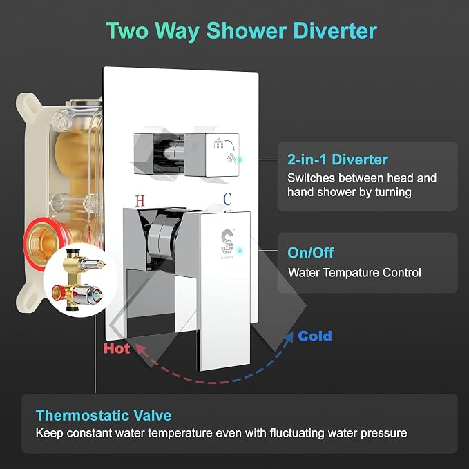 SR SUN RISE 12 Inch Slide Bar Shower System, Square Rain Shower Head and - Image 7