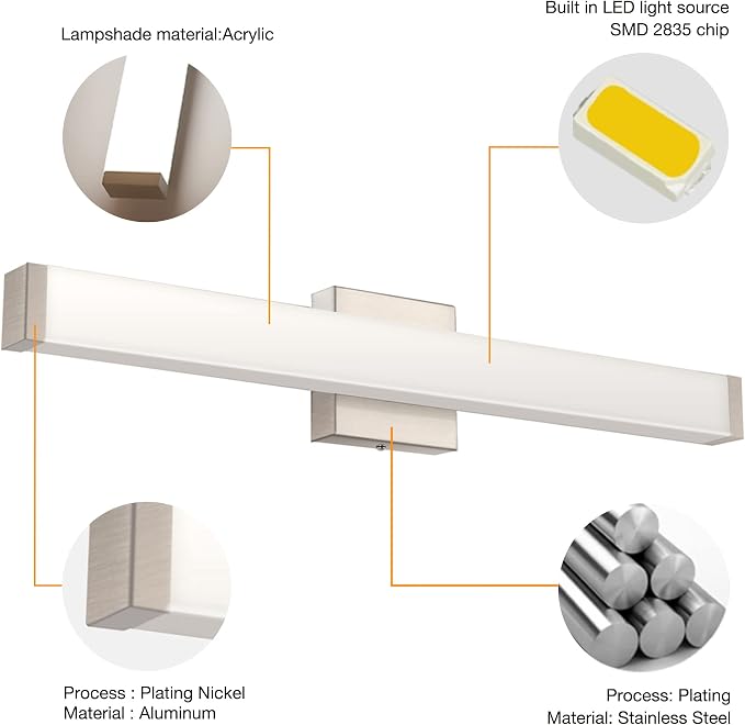 Bathroom Vanity Light Brushed Nickel Square LED 24 inch 14W Dimmable 4000K - Image 4